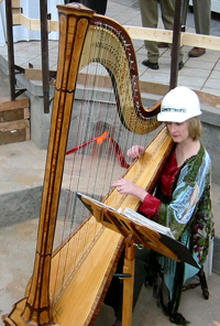 Heather in hard hat playing harp for a fundraiser for the conservatory in Golden Gate Park, San Francisco