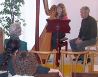 Harpist and teacher Paul Hurst conducts a harp master class for students from around the San Francisco Bay Area